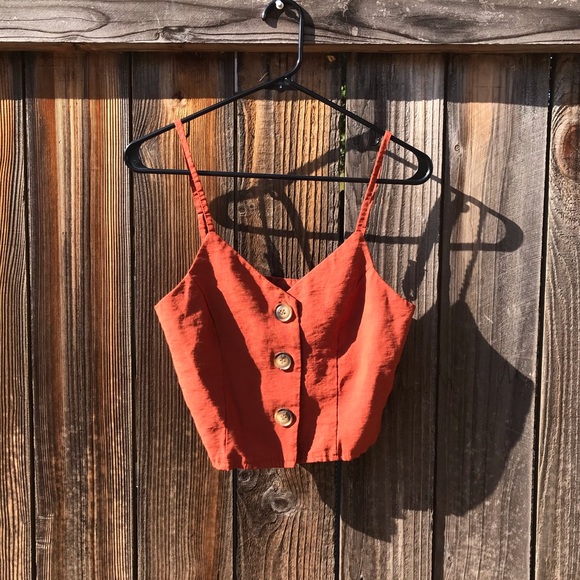 Tops - Burnt Orange Button V Neck Front Crop